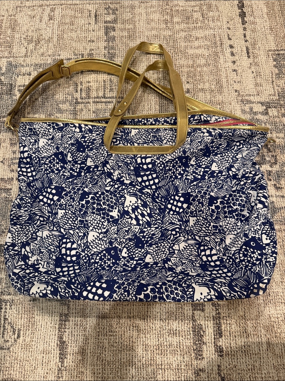 Lilly Pulitzer for Target Navy and White Upstream Fish Tote with Gold Handles
